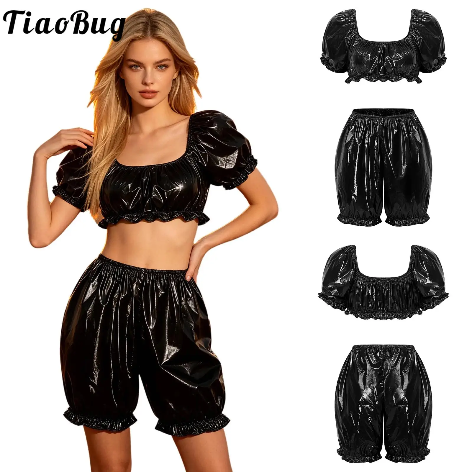 Women Glossy Waterproof Vinyl Ruffled Set Clubwear Short Puff Sleeve Crop Top And V-shaped Waist Bloomers Shorts for Pool Party