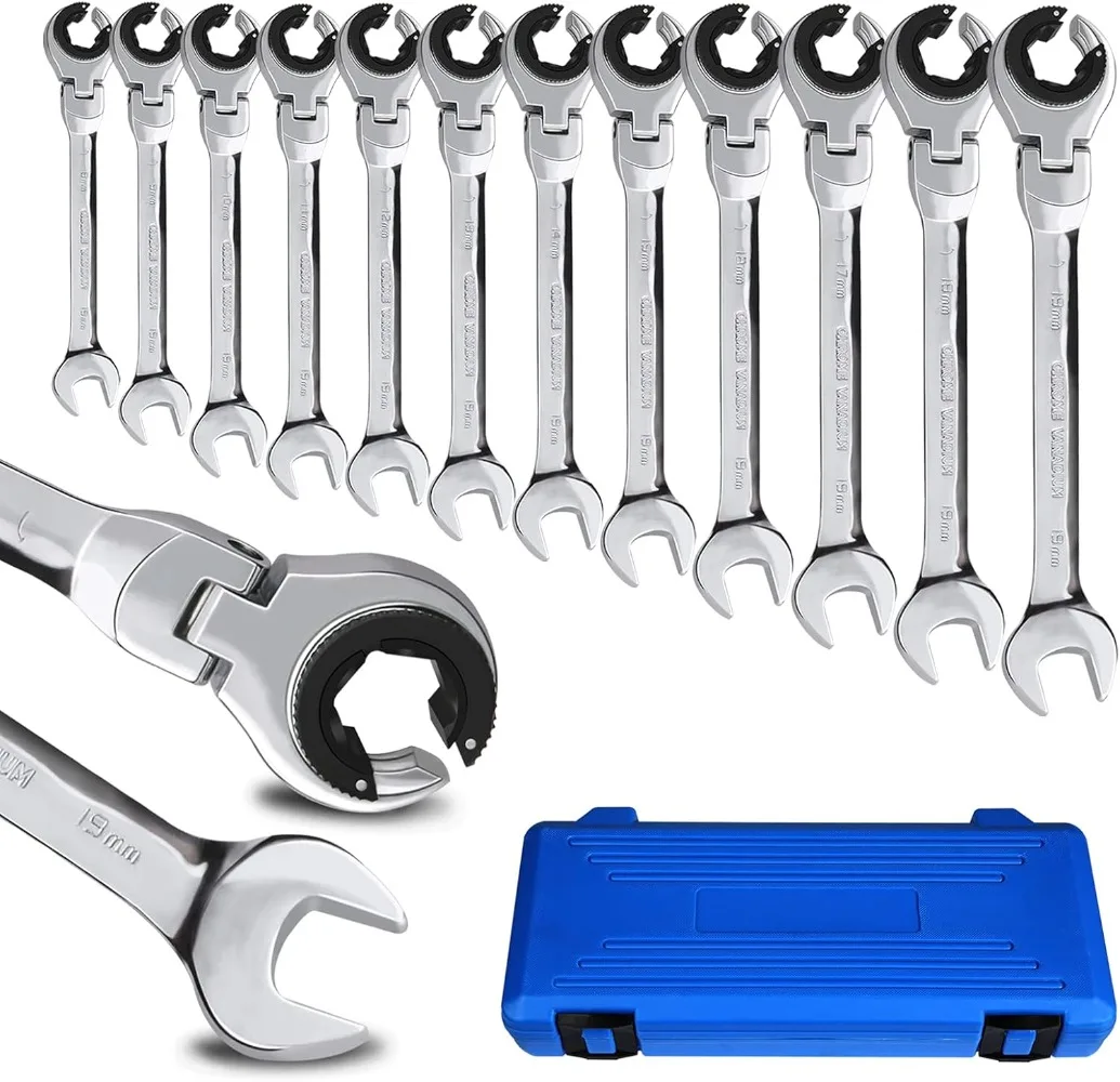 

Metric Open Flex-Head Ratcheting Wrench Combination 12 Pcs/set 8-19mm, Metric Spanner with 72 Teeth