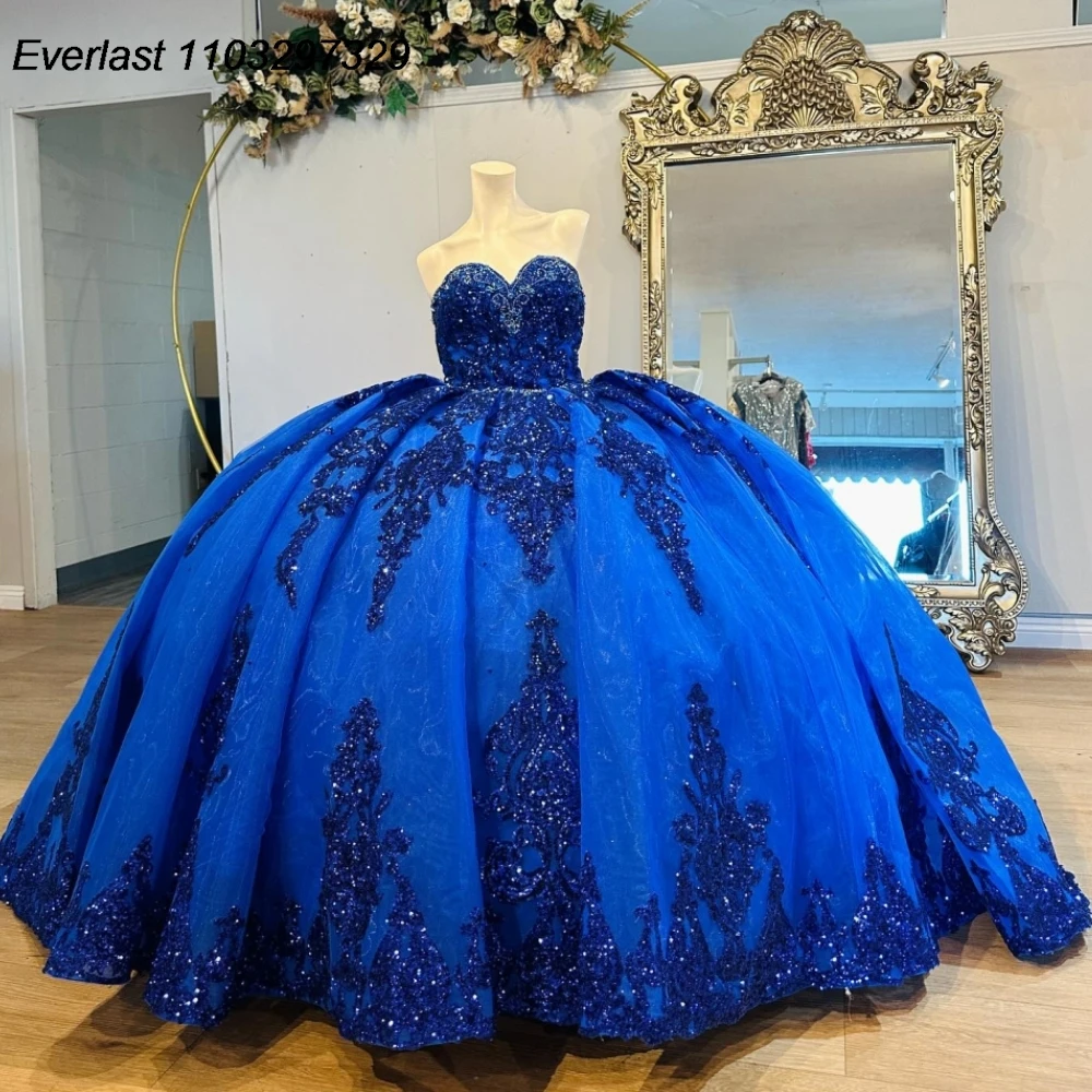 

EVLAST Elegant Royal Blue Quinceanera Dress Ball Gown Shiny Applique Beading Tiered Corset Sweet 16 Vestido De 15 Anos TQD981