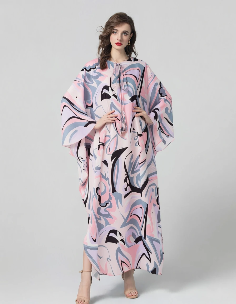 Women's Pink Abstract Print Maxi Dress Lace Up Tassels Boho Beach Fashion Long Robes Outwear