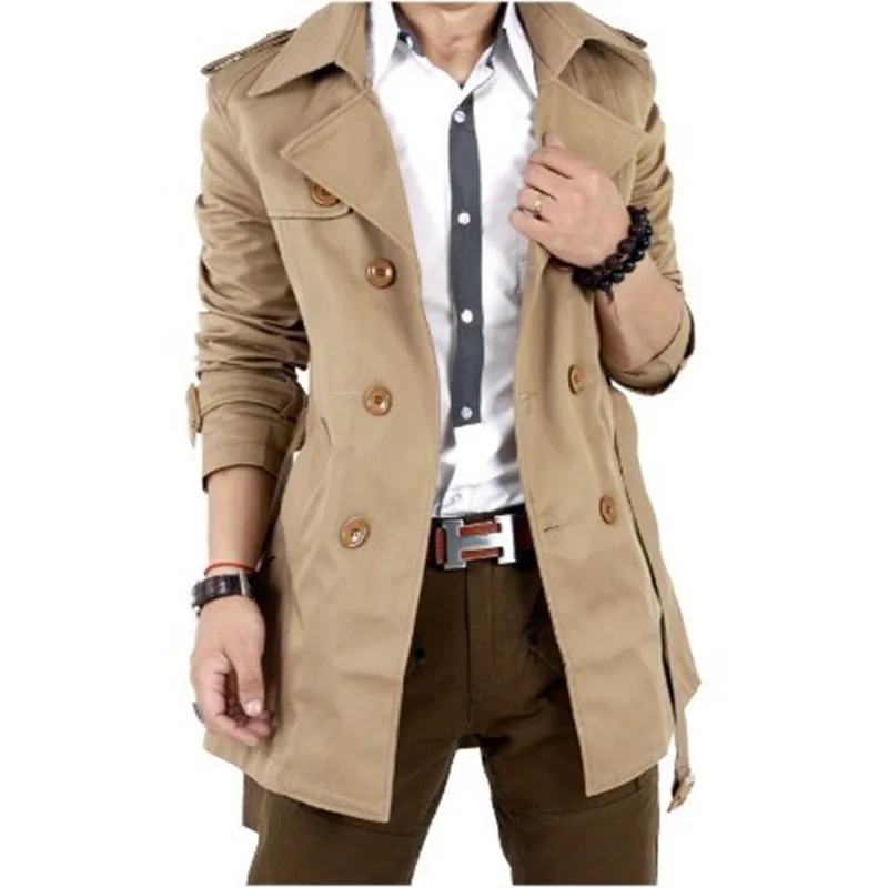 Autumn And Winter Mens Mid-Length Trench Coat Elegant British Solid Color Coat Korean Style Double-Breasted Casual Trench Coat