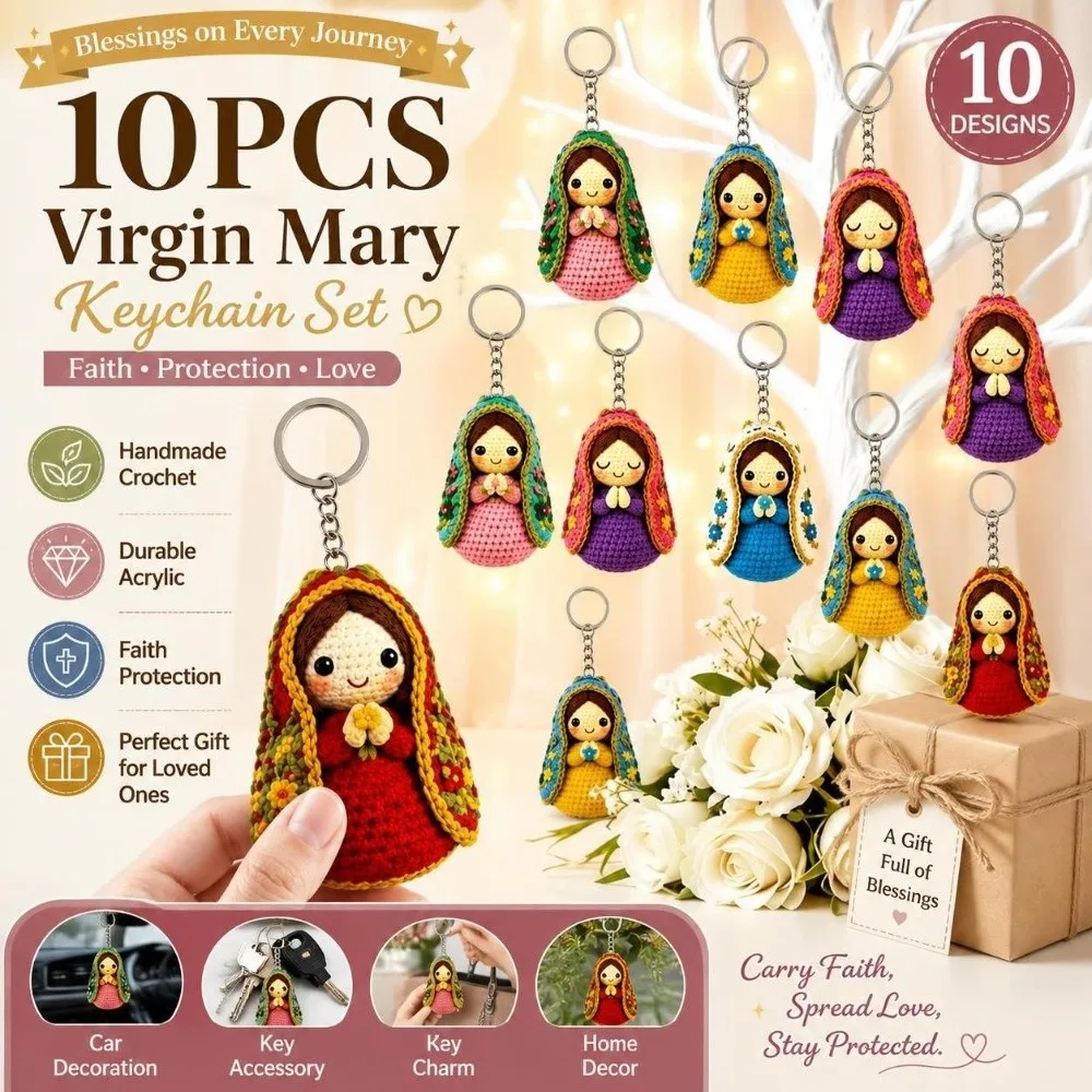 10pcs/set Crochet Style Virgin Mary Keychain Set Religious Knitted Doll 2D Flat Acrylic Keychains Figurine Pendant Kids Gift