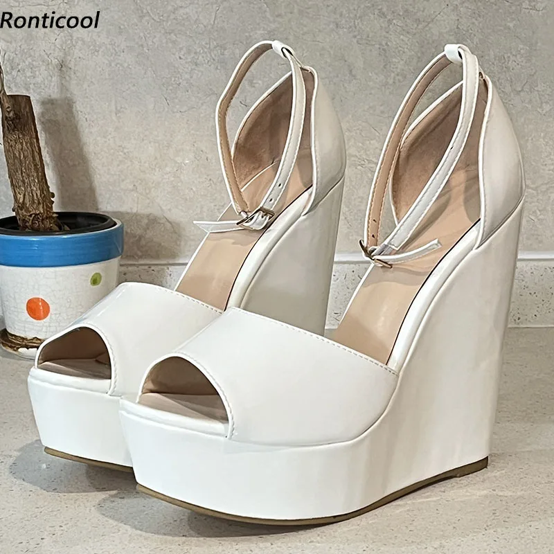 Ronticool Real Photos Women Summer Platform Sandals Wedges High Heels Round Toe Beautiful White Dress Shoes US Plus Size 4-20