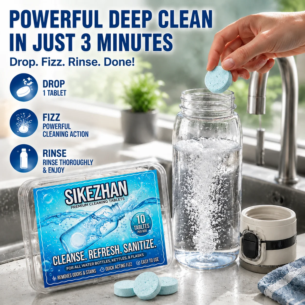 10Pcs Water Bottle Cleaning Tablets Effervescent Stain & Odor Remover for Thermos, Flask, Kettle, Coffee Mug 3-Min Deep Clean