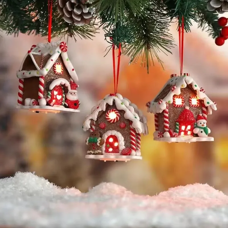 Gingerbread House Tree Topper Light Up Mini Gingerbread House Ornaments Soft Clay Fairy Tale Candy House For Christmas Tree