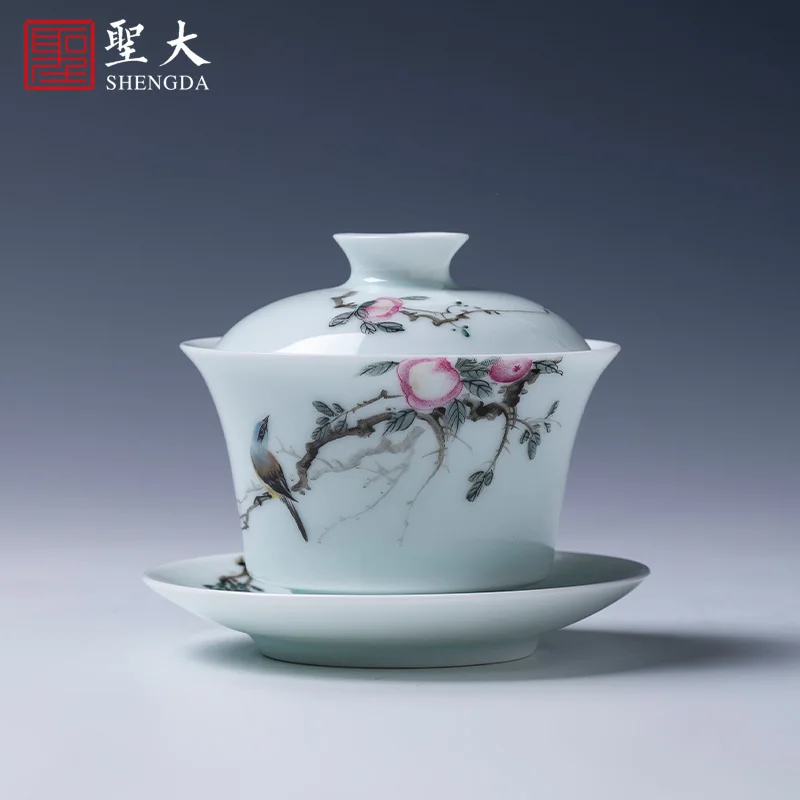 |covered bowl tea cup hand-painted new color green peach spring bird tea bowl hand-made Jingdezhen Kung Fu Tea Set