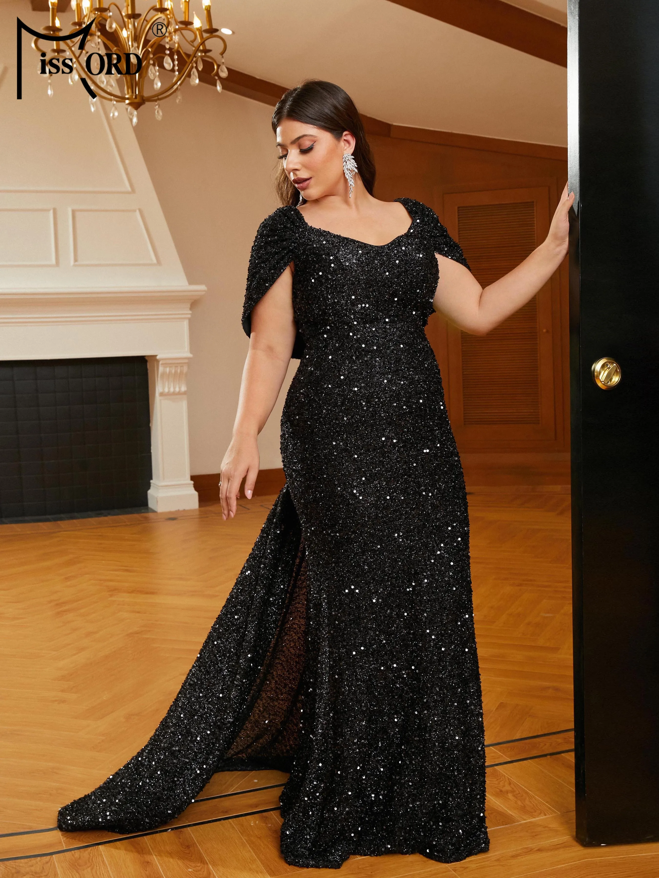 Missord New Plus Size Black Draped V-neck Short Sleeved Sequin Mermaid Evening Floor Length Dress