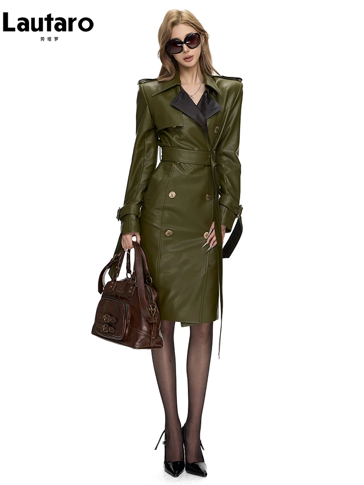 

Lautaro Spring Autumn Long Fitted Patchwork Pu Leather Trench Coat for Women Belt Double Breasted Elegant Chic Luxury Overcoat