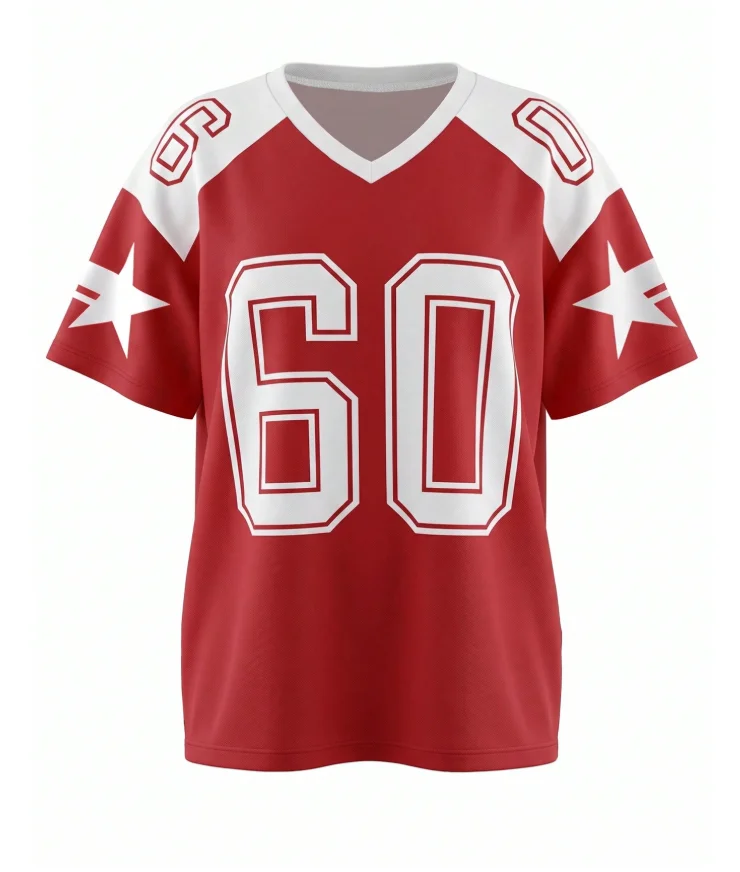 2026 Women Oversized V Neck Football Jersey, Star & 60 Color Block Top, Quick Dry Breathable Y2K Style for School Beach Vacation