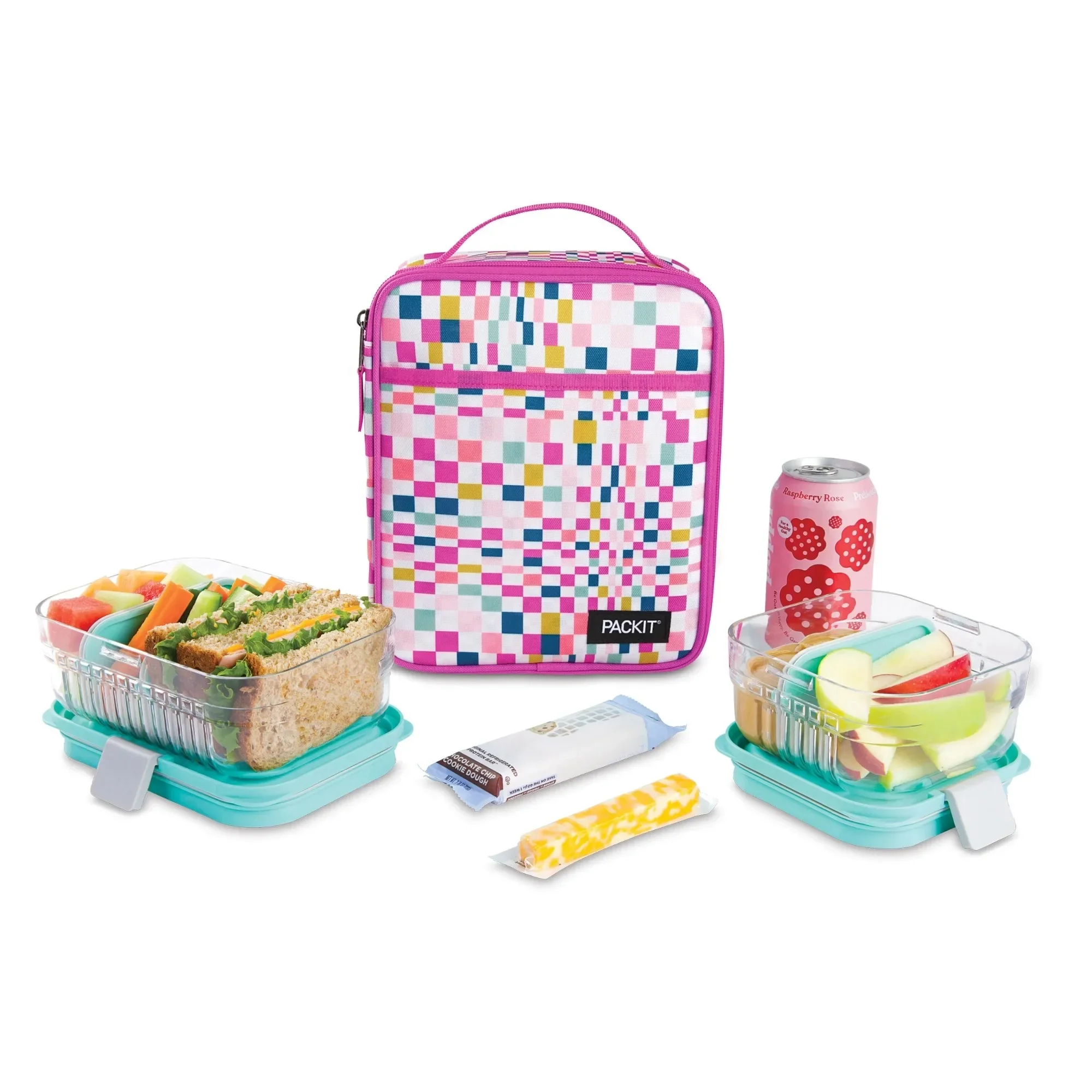 Check print freezable lunch bag upright style, reusable with insulation for food freshness and portability