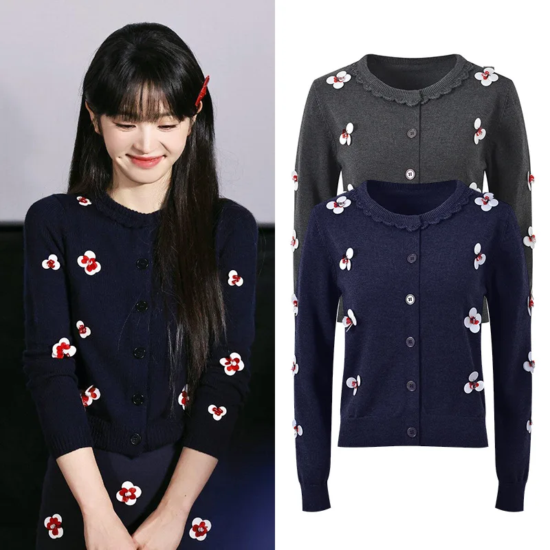 

Faionable Anti-Aging All-Match round Ne Single-Button Knitted Sweater Jaet Heavy-Work 3D Flower Bead Design Commute Sle