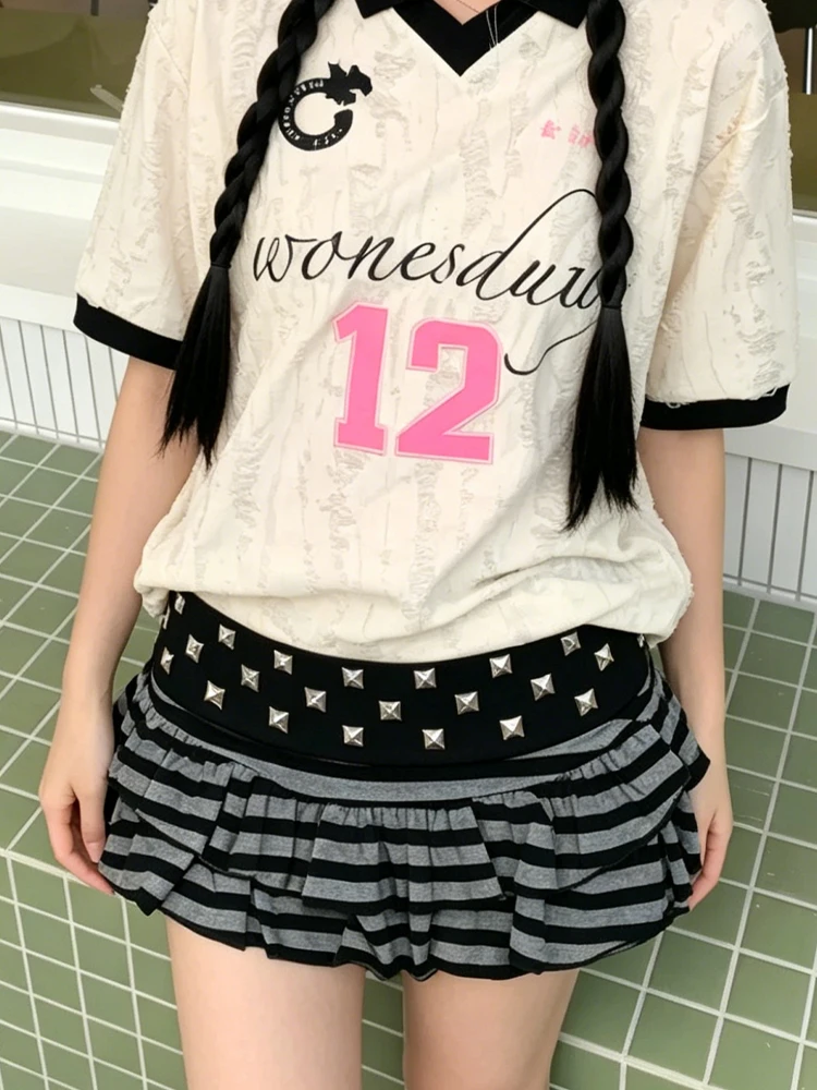 

Women's mini skirt low waist subculture rivet A-line pleated skirt y2k striped street fashion outfit gothic punk short skirt