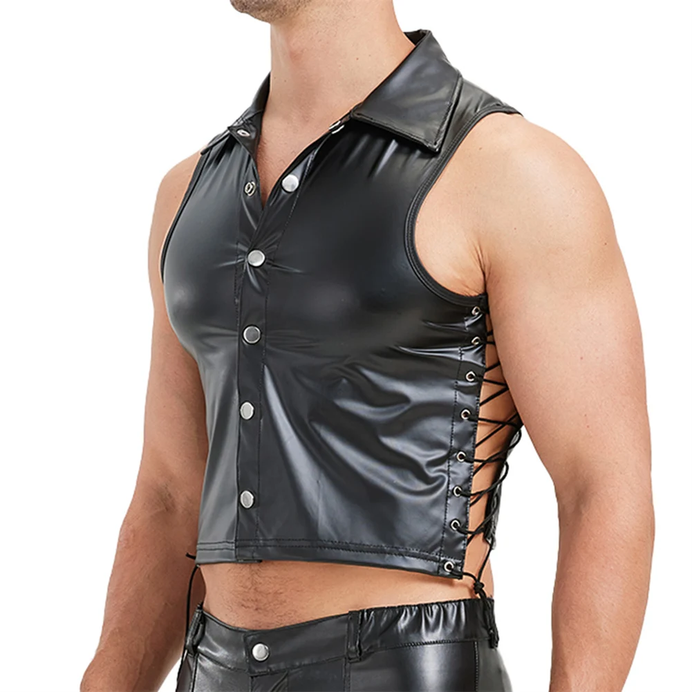 Men Stage Performance Clothing Vests Sexy Imitation Leather Retro Side Lacing Up Lapel Collar Tank Tops Man Clubwear