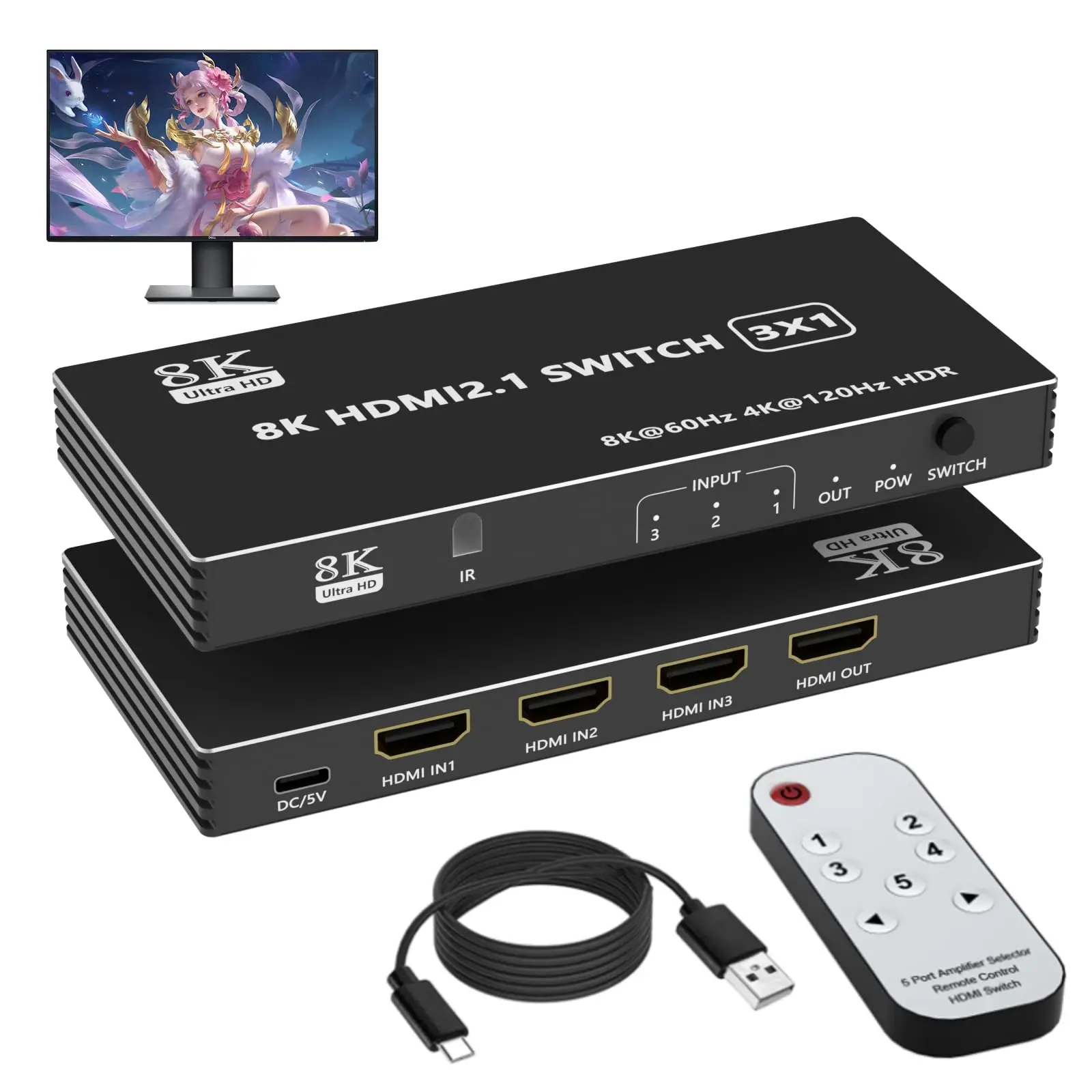 

8K HDMI Switch 3 in 1 Out HDMI Splitter - 4K@120Hz/8K@60Hz HDMI Switcher Selector with IR Remote for Xbox PS5 PS4 PC TV