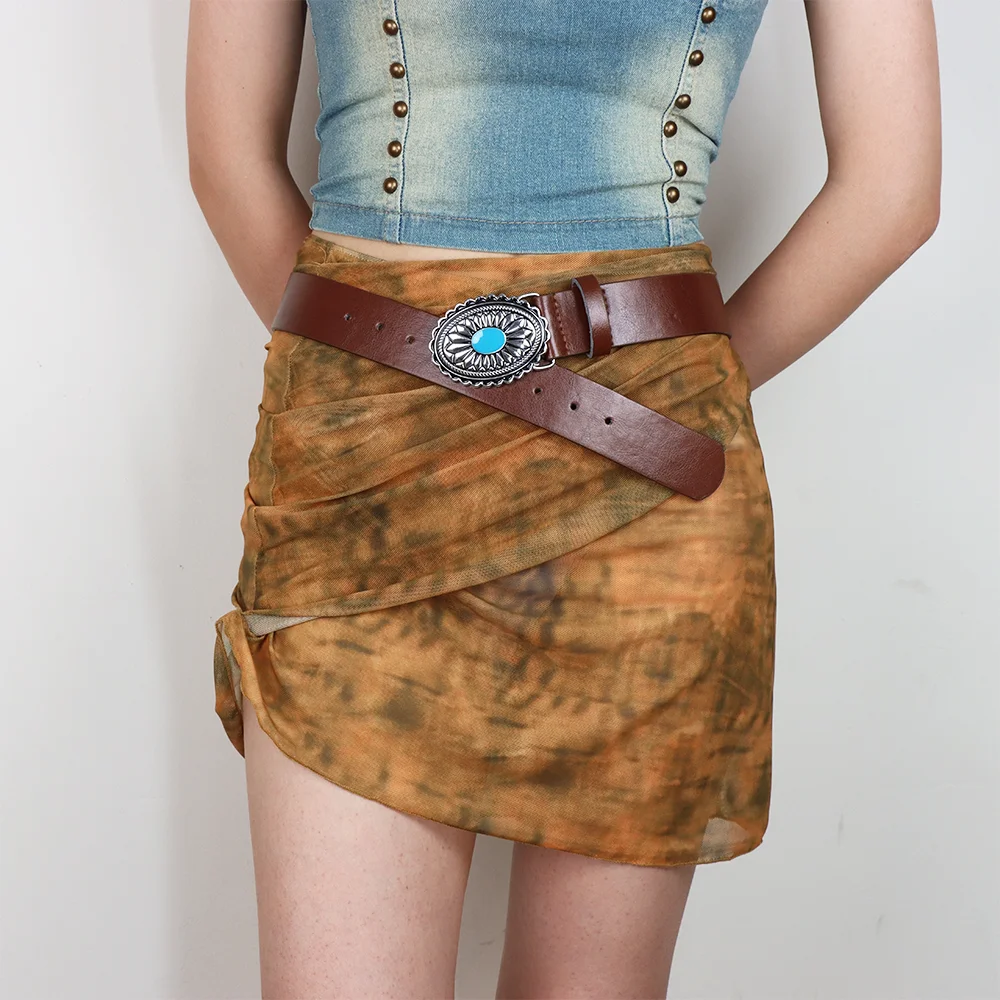 Fashionable Western Boho Punk PU Belt Stylish Wide Waistband for Y2K Girdle Enthusiasts Adjustable Fit  Bohemian Chic