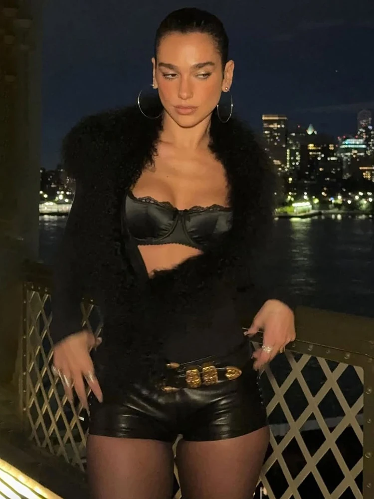 Estranho gato sexy peludo retalhos topo feminino profundo decote em v manga cheia selvagem hottie estiramento magro rua gótico punk meia-noite clubwear