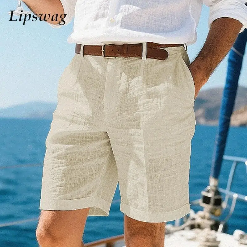 

Приморские пляжные повседневные удобные мягкие льняные шорты, мужские весенне-летние повседневные однотонные шорты для отдыха, модные мужские льняные шорты