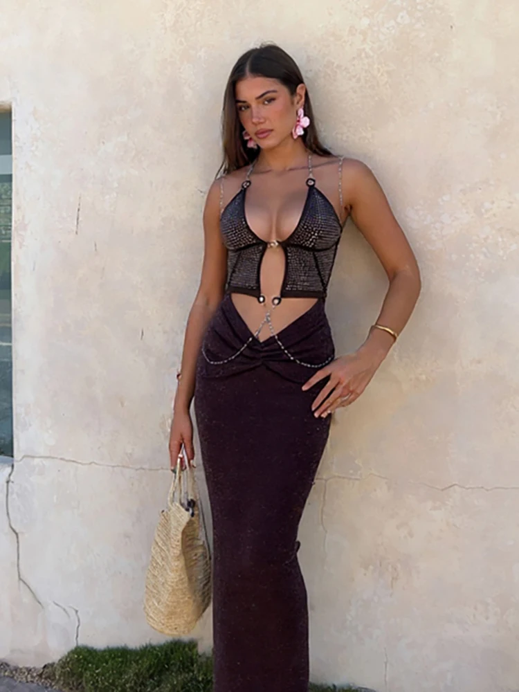 Kliou チェーンスプライス女性ドレスセクシーなホットコントラストカラースパンコールホルターレースアップカットアウトマキシボディコン Mujer ファッションフェスティバルローブ