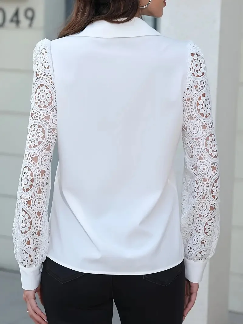 2025 Spring Autumn Women's Shirt Fashion Lace Black Long Sleeve Office Lapel Button White Hollow Blouses for Female