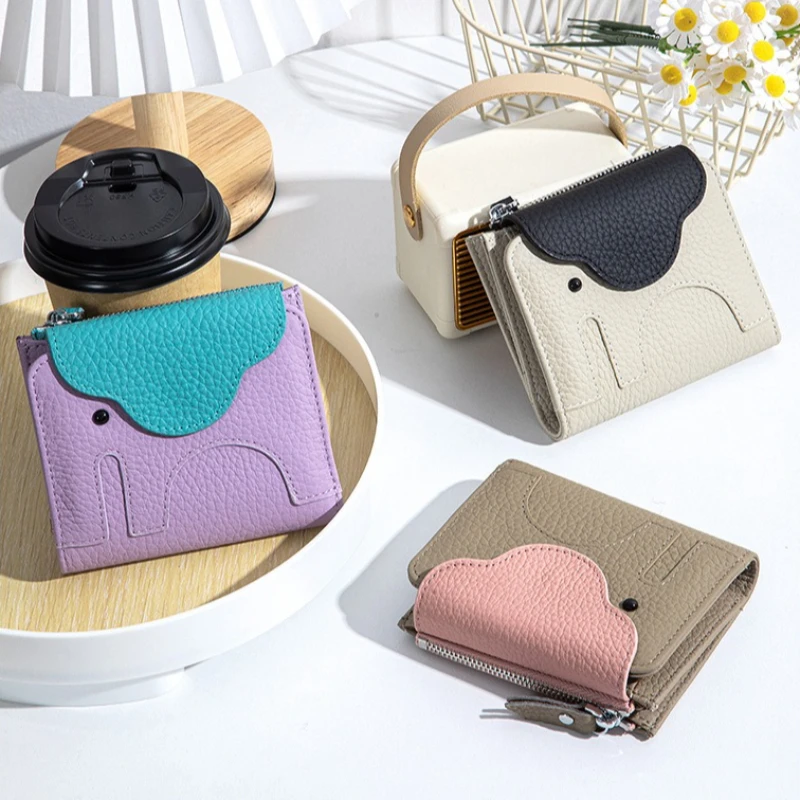 Women Short Bifold Genuine Leather Purse RFID Blocking Cute Elephant Design Small Wallet with Zipper Coin Pocket Luxury Wallet