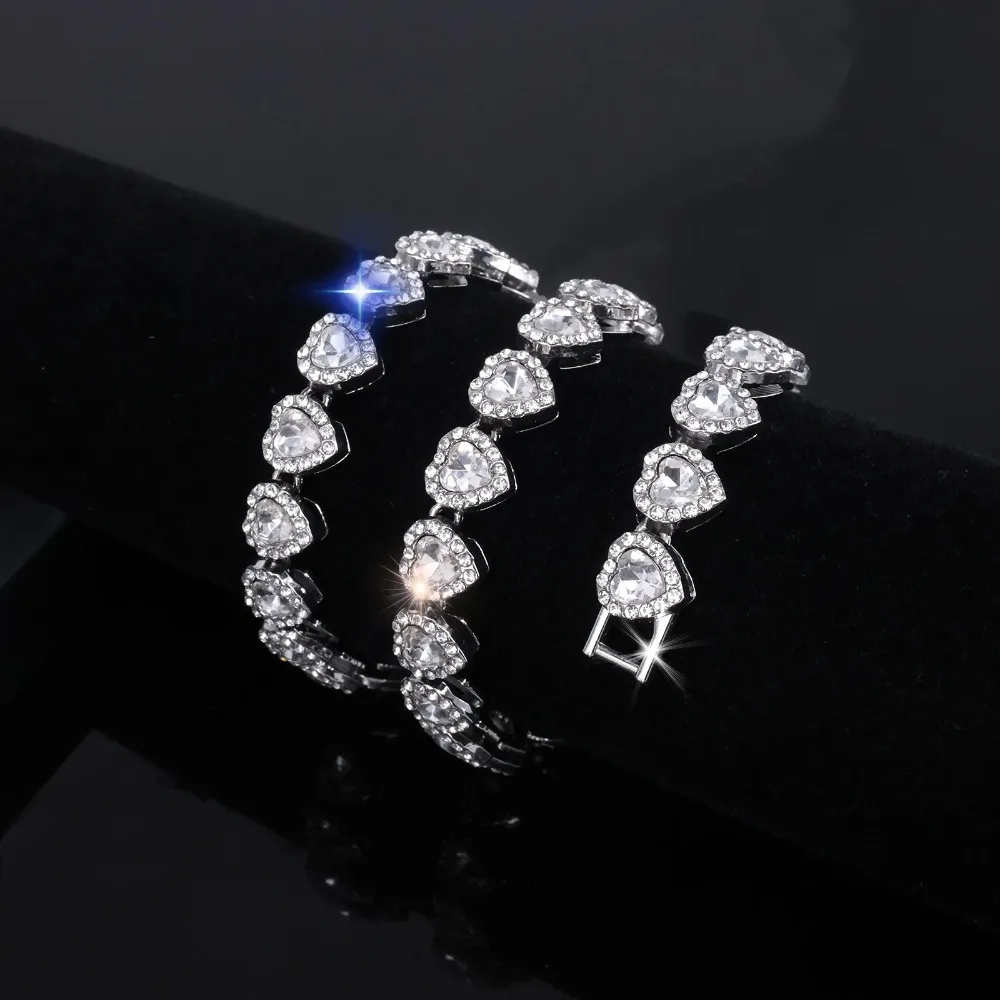 1PC  New Hip Hop Tennis Chain Bracelet Necklace Shiny Heart  Fashion Rock Party Jewelry Set image 3