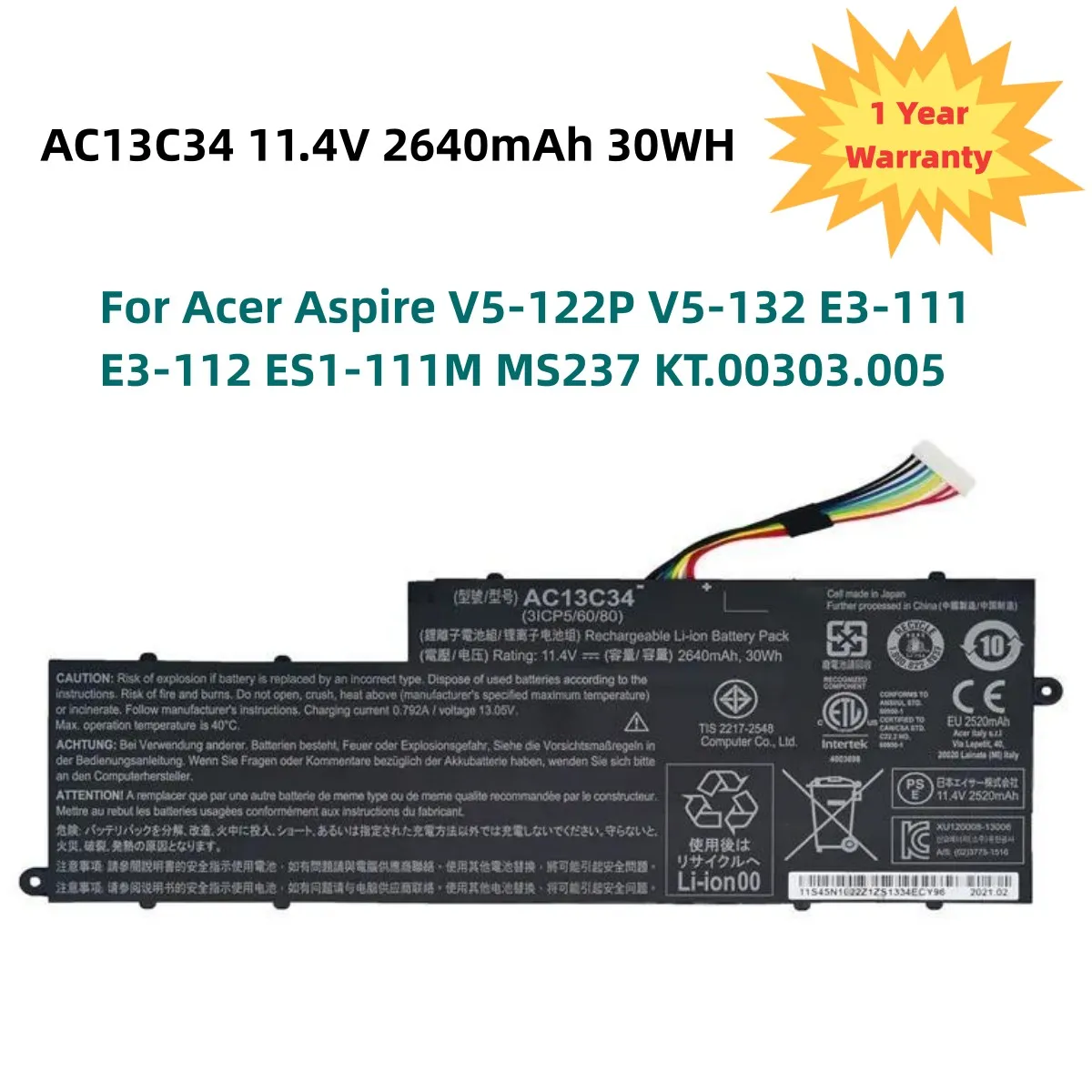 New AC13C34 Laptop Battery For Acer Aspire V5-122P V5-132 E3-111 E3-112 ES1-111M MS237 KT.00303.005 11.4V 30WH/2640mAh