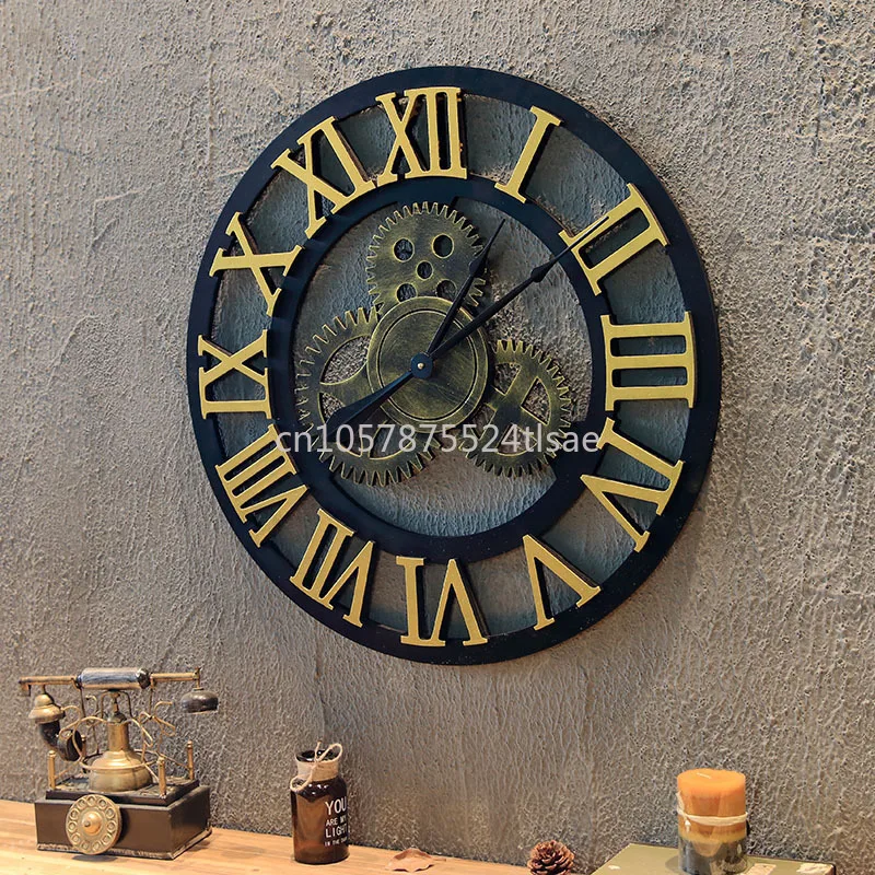 50Cm Retro and Old Gear Wall Clock, Wooden Creative Wall Clock Industrial Wind Clock Bar Restaurant Wall Clock