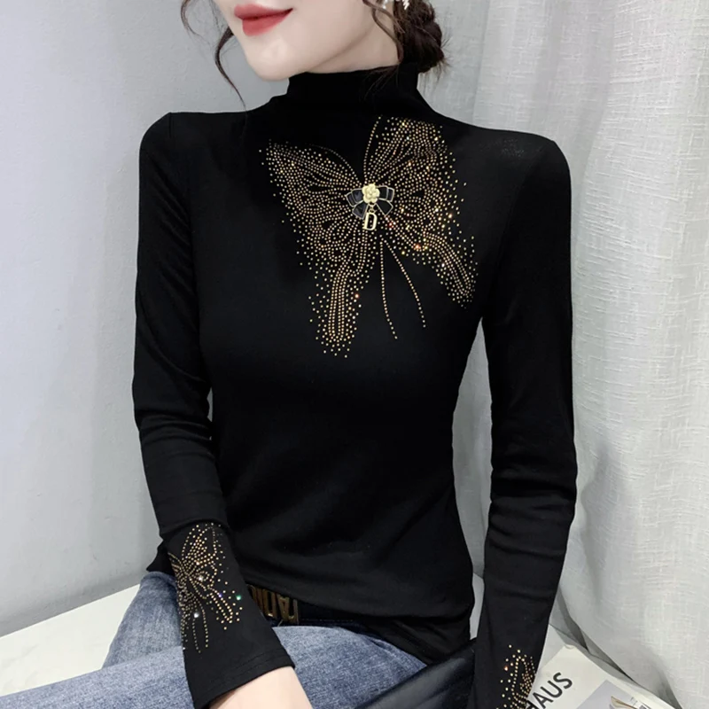 

Осенне-зимняя водолазка с длинными рукавами, женская футболка, модные повседневные сетчатые топы с бабочкой и бриллиантами