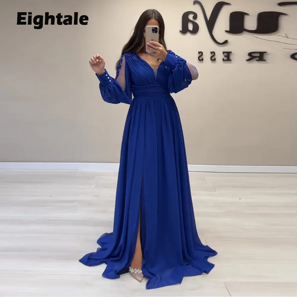 Eightale Royal Blue Evening Dress for Wedding Party V-Neck Lace Customized Long Sleeves Chiffon Plus Size Prom Gown