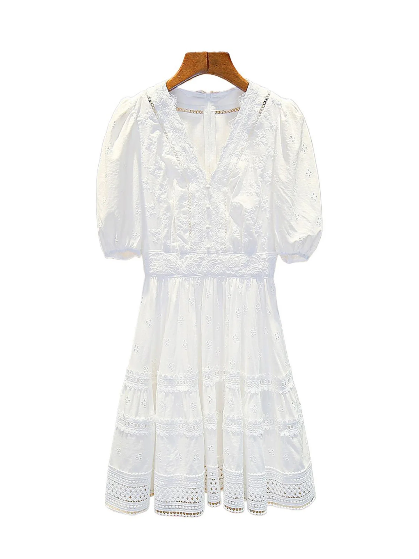 กระโปรงทรงเอไลน์ผ้าลูกไม้ฉลุลายคอวีแขนพองทรงบับเบิ้ลสำหรับผู้หญิงระดับไฮเอนด์ เหมาะสำหรับใส่ไปทำงานหรือใส่ลำลอง