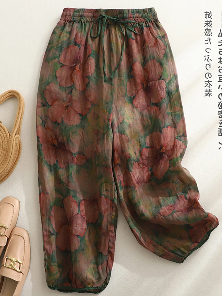 Pantalones Harlan holgados y étnicos Retro para mujer, pantalones informales de lino con estampado Floral, cintura alta, cintura elástica, talla grande, verano