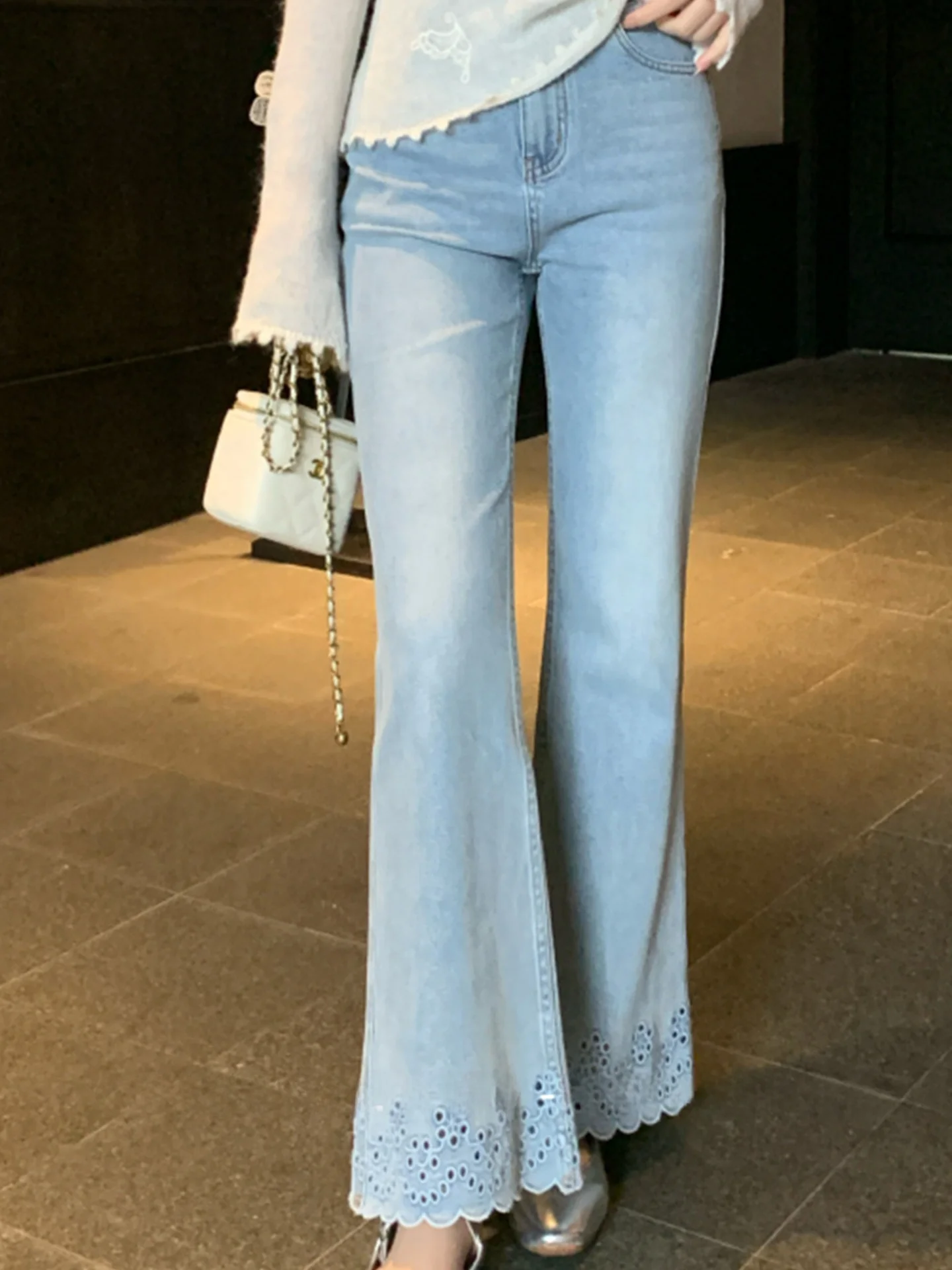 

High Waist Bell Bot Denim Jeans Women's Spring New Waed Blue Cotton Blend Stretchy Commute Sle Nine Points Pants