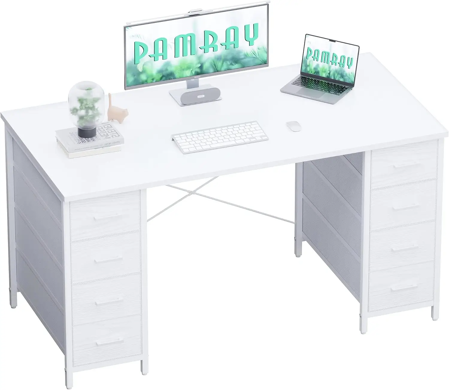 

47-дюймовый белый компьютерный стол с 8 тканевыми ящиками для игр, домашнего офиса, учебы и спальни