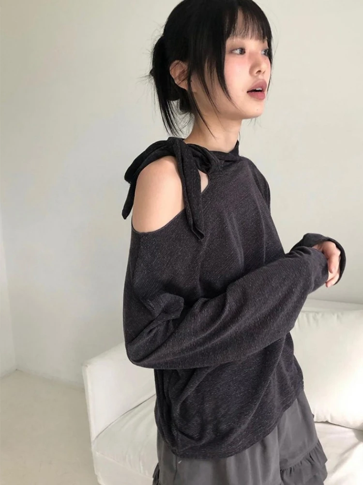 Y2k Aesthetic Solid Vintage Shirts Harajuku Scarf Collar Grunge Loose T-shirt Women Streetwear Show One Shoulder Autumn Tees