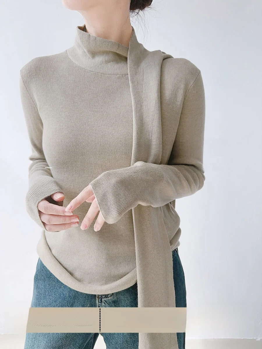 

XALI женский трикотаж с шарфом и воротником, базовый слой, топ, небольшой дизайн, весна-осень, облегающий длинный све