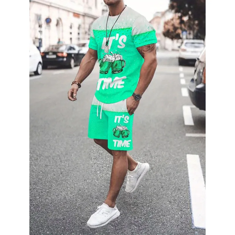 2025 Personalized 3D Printed Round Neck Short sleeved T-shirt and Shorts Set for Summer Men's Daily Leisure Sports Street Travel