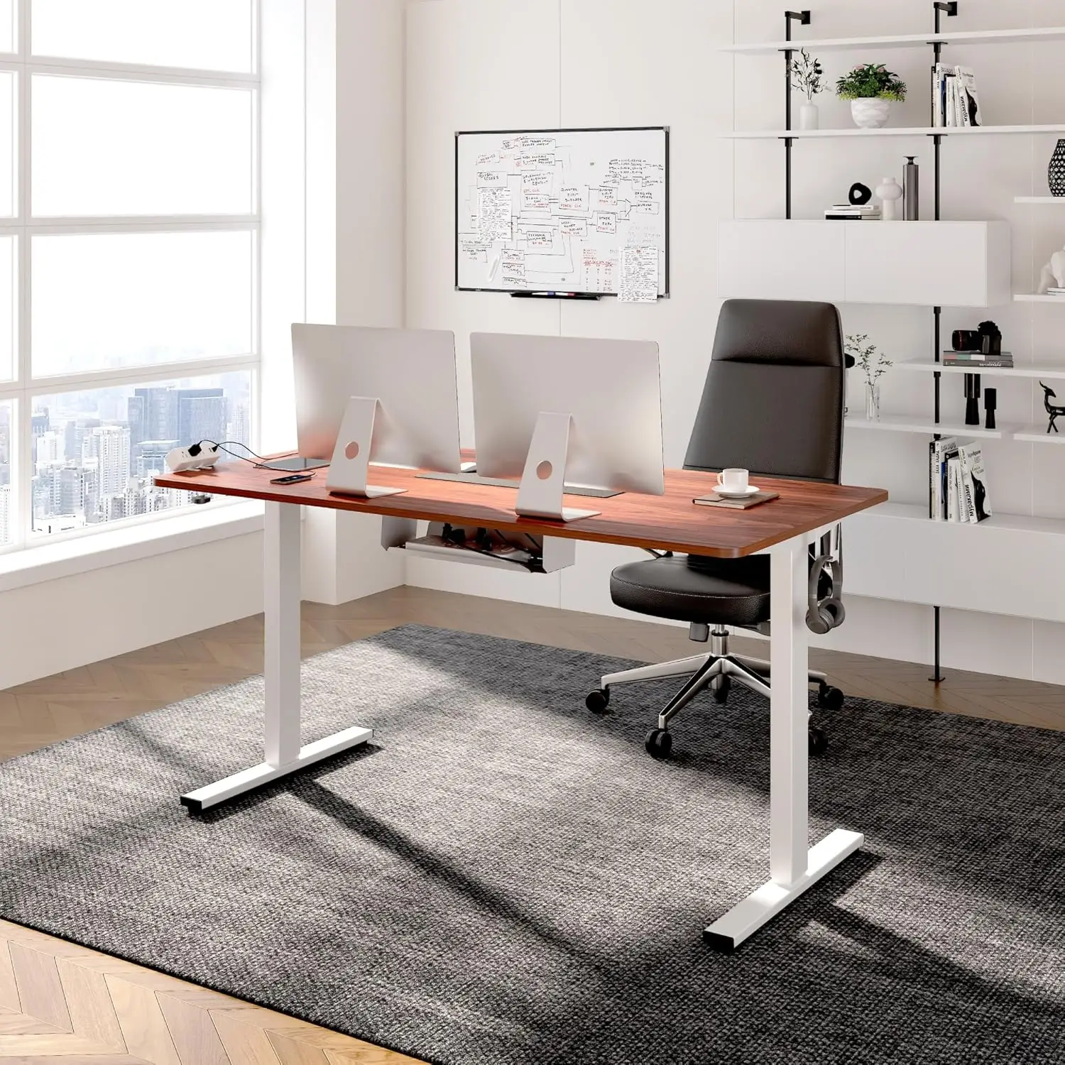 Integral standing table with clip on power board, 55 x 28 height adjustable (white frame+55 inch peach wood, 2-piece set)