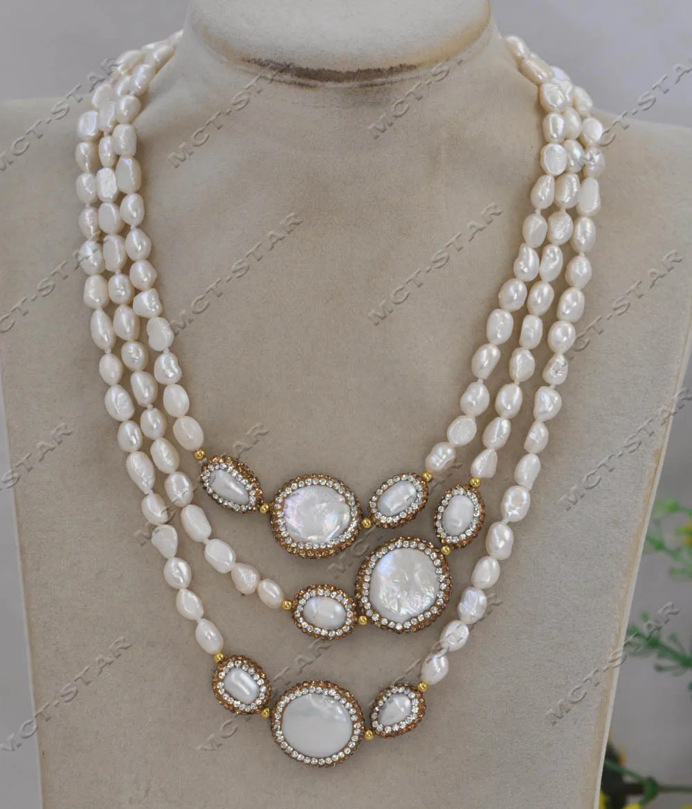 Z13045 50'' 22mm White Coin Rice CZ Baroque Pearl Necklace