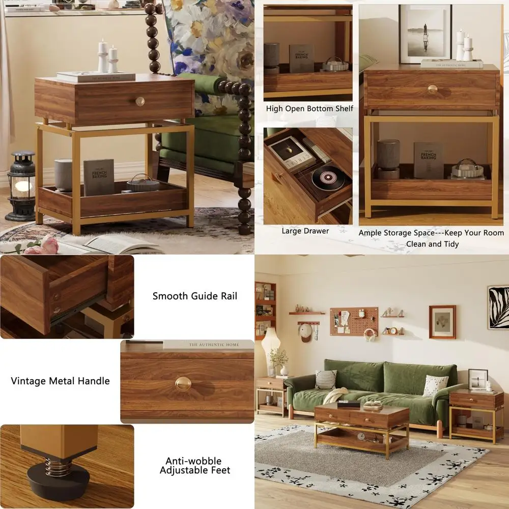 

Modern Gold Framed 2-Tier Living Room Side Table with Drawer and Open Shelf, Perfect for Sofa Area, Stylish Nightstand Option