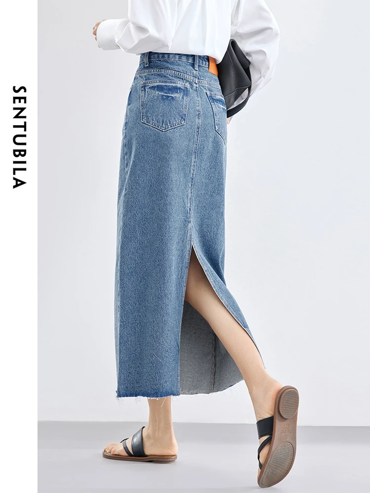 SENTUBILA Women Girl Cotton Denim Long Skirt Trend 2024 Spring Summer Straight Jeans Skirt with Slit Woman's Clothing W41Q53118