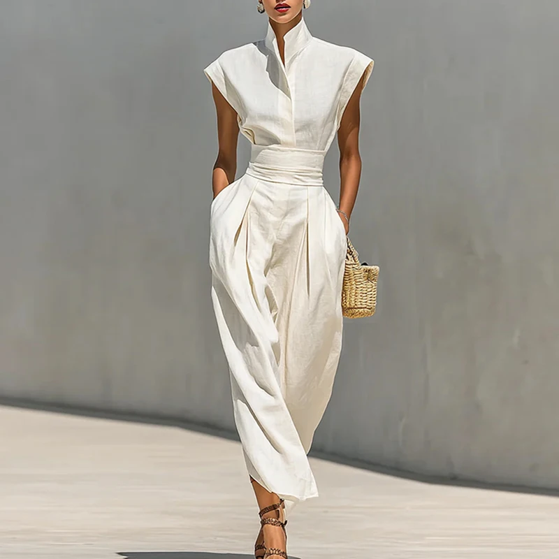 

Новое женское летнее платье-халат с воротником-стойкой, однотонное, элегантное, модное, в стиле High Street, с карманами, длинное