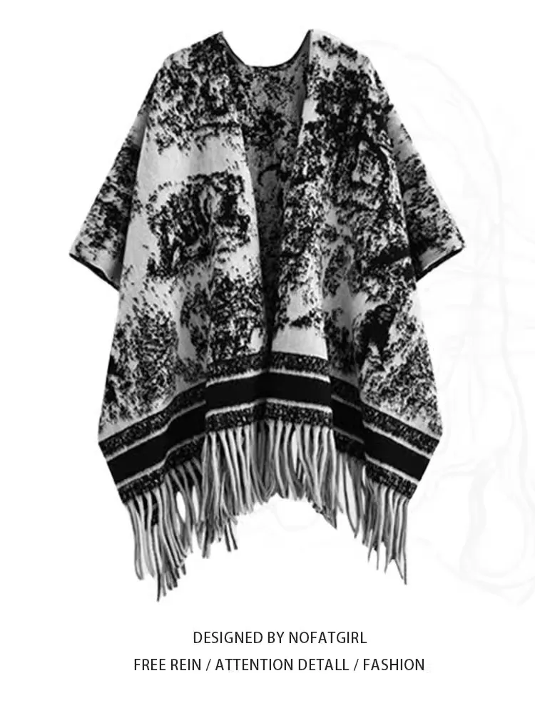 

plus Size Women's Vintage Watercolor Bla White Patterned Wrap oulder Loose Lazy Sle High-End Feel Top Korean Commute Sle