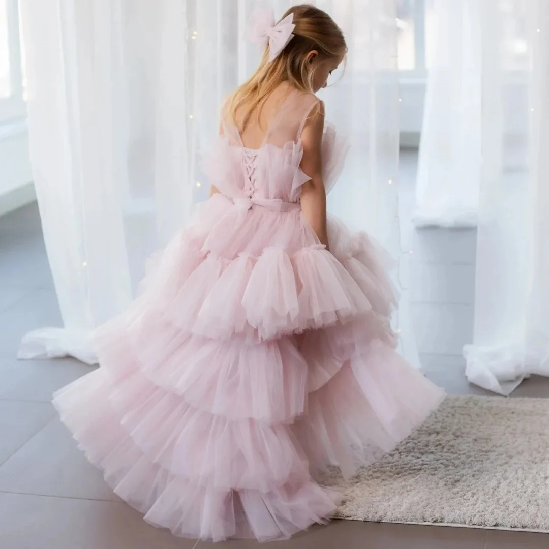 

Custom Flower Girl Dress Pink Dusty Tulle Layered Skirt with Bow and Train Suitable for Weddings and Parties Princess Dress