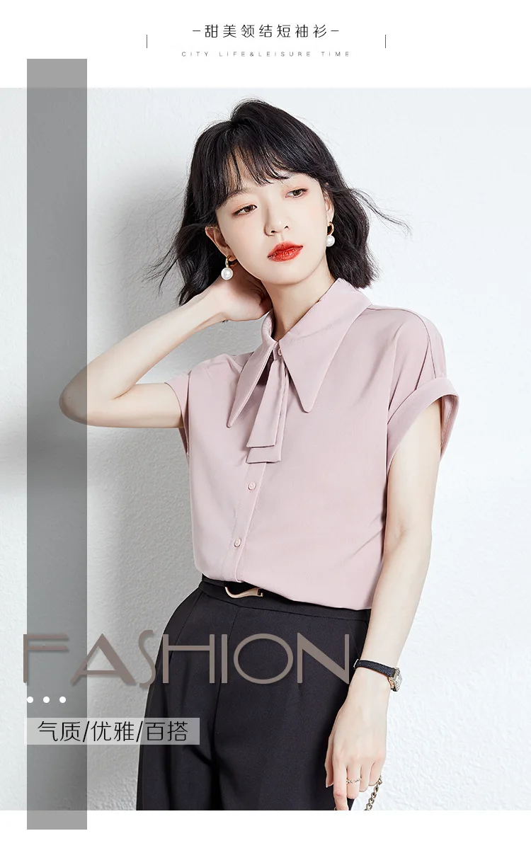 Solid Color Chiffon Shirt with Wide Sleeves and Ribbon, Korean Style French Fashion High-End Professional Short-Sleeved Shirt, White/Pink Purple/Apricot Slightly Loose