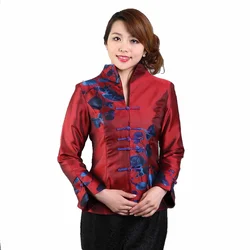 New Quality Red Lady Satin Coat Chinese Traditional Top Floral Clothing Print Jacket Size S M L XL XXL XXXL PF009