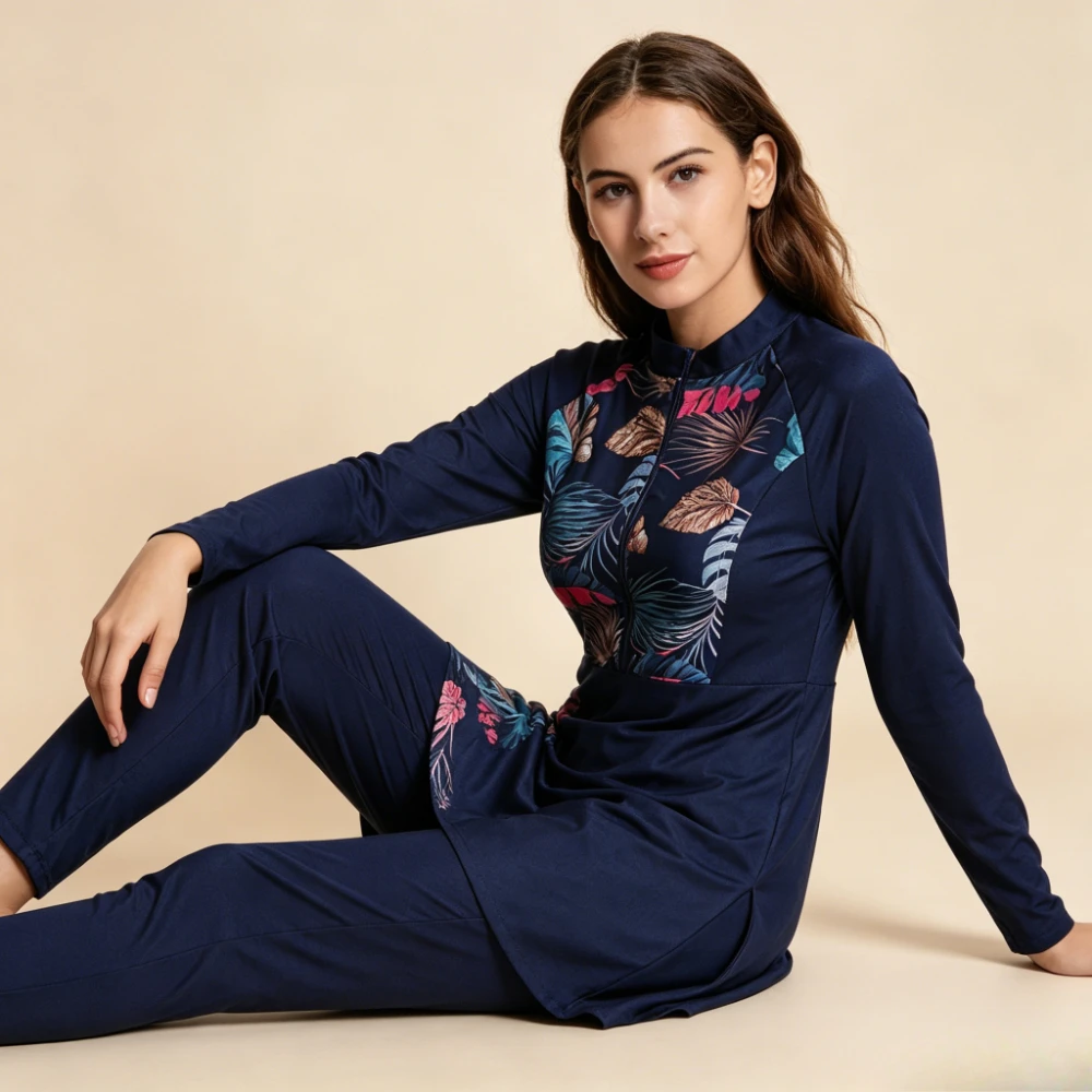 Women 3PCS Print Burkini Swimwear Long Sleeve Full Zip Rash Guard Tunic Top with Full Length Pants UPF50+ Muslim Bathing Suit