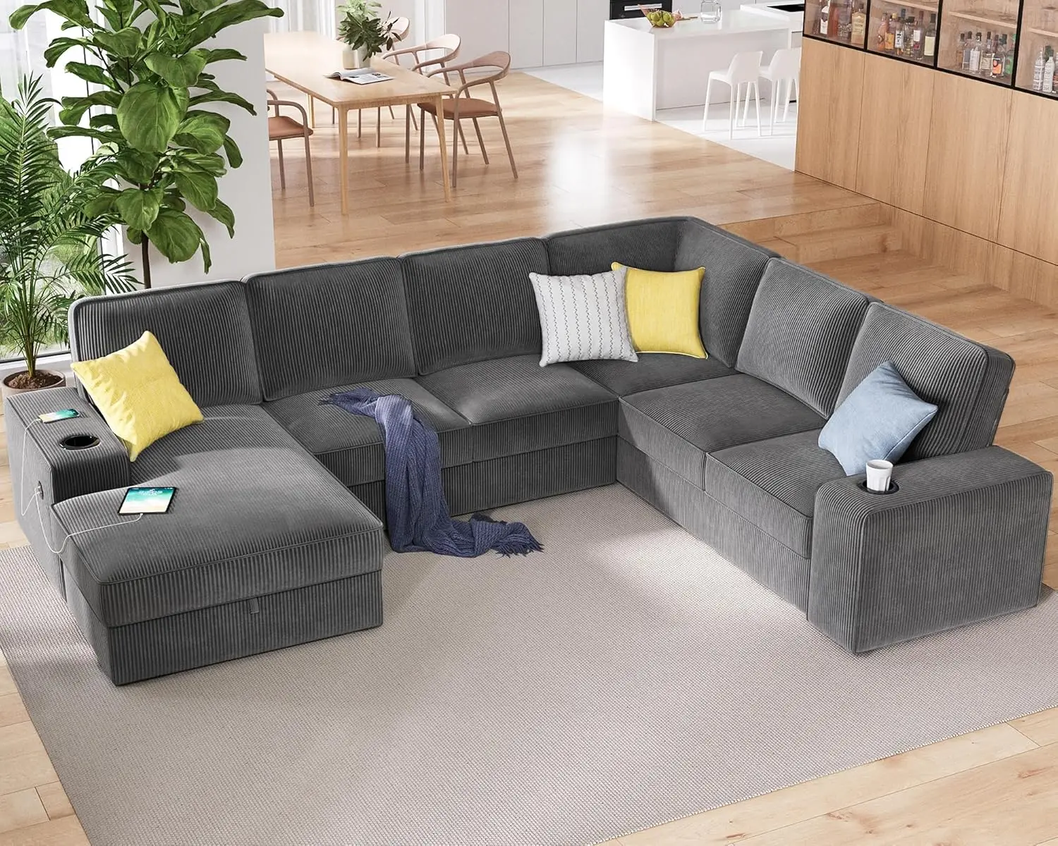 112 inch Sectional Sofa, Oversized Sofa with Storage Chaise, U Shaped Sofa Couch with USB Ports, Corduroy Couch—Grey