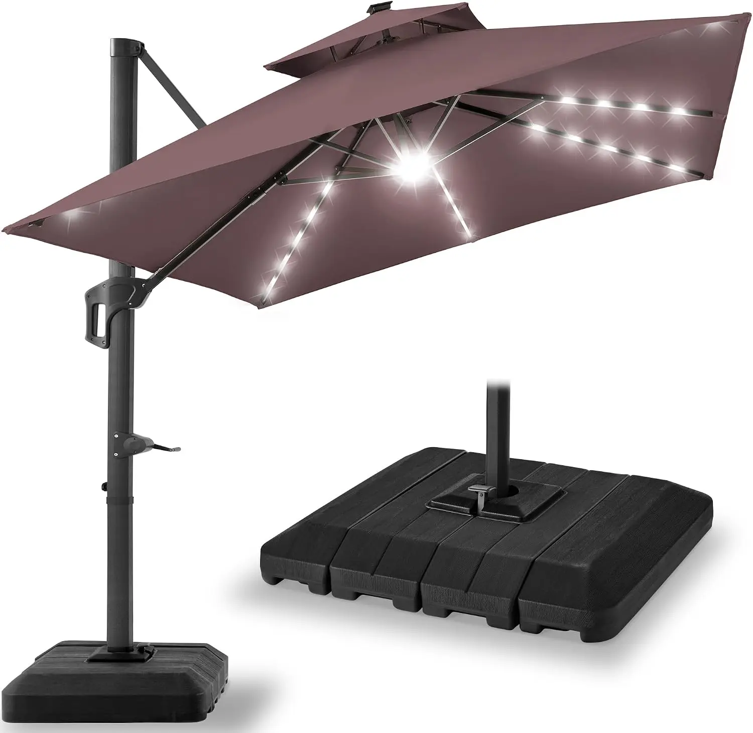 10x10ft Cantilever Patio Umbrella w/Base Included, Solar LED Lights 360 Rotation Large Offset Hanging Outdoor Shade for Deck Poo