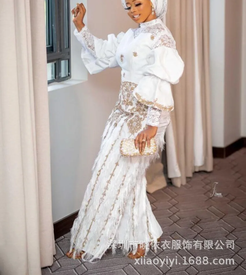 African Pants Suit Modern New Round Neck Lace Long Sleeve Two Piece Women's Set Tassel Trailing Half Dress White Female Outfit