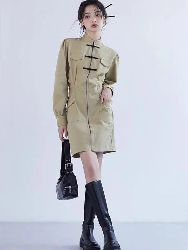 

plus Size Workwear Dr Stand Collar Button up Women's ort A-Line Skirt Korean Sle Spring Autumn Waist Cinching Gown